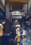  2girls apron black_hair chopsticks cooking green_eyes kusakabe_(kusakabeworks) ladle long_hair multiple_girls original pleated_skirt ponytail pot rice_bowl school_uniform serafuku skirt steam stove 