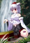  1girl animal_ears bare_shoulders blush breasts chien_zero detached_sleeves hat impossible_clothes impossible_shirt inubashiri_momiji large_breasts midriff navel open_mouth playing_games pom_pom_(clothes) red_eyes shirt short_hair silver_hair sitting skirt tokin_hat touhou wariza water waterfall white_shirt wolf_ears 