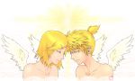  1boy 1girl angel_wings blonde_hair brother_and_sister collarbone forehead-to-forehead hair_ornament hairclip kagamine_len kagamine_rin koz nude siblings smile twins vocaloid wings 
