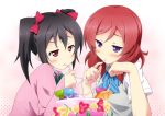  2girls black_hair bow cocktail drinking eye_contact hair_bow heart_straw looking_at_another love_live!_school_idol_project multiple_girls nishikino_maki red_eyes redhead shared_straw sharing straw striped_bow tachibana_akatsuki twintails violet_eyes yazawa_nico 