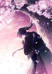  1boy 1girl braid cherry_blossoms flower ghost highres hug original petals ponytail tetsukuzu_tetsuko tree 