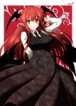  1girl alternate_eye_color arm_behind_head bat_wings black_dress breasts dress dress_shirt head_wings koakuma large_breasts long_hair looking_at_viewer low_wings redhead shirt simple_background smile solo touhou white_shirt wings yellow_eyes yua_(checkmate) 