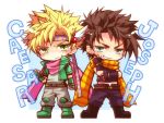  2boys blonde_hair blue_eyes brown_hair caesar_anthonio_zeppeli chibi feathers green_eyes hair_feathers headband jojo_no_kimyou_na_bouken joseph_joestar_(young) multiple_boys scarf suna_ko1 