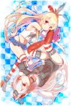  2girls amatsukaze_(kantai_collection) blonde_hair blue_eyes brown_eyes checkered checkered_background elbow_gloves garter_straps gloves hairband highres kantai_collection long_hair looking_at_viewer meth_(artist) multiple_girls personification red_eyes shimakaze_(kantai_collection) silver_hair skirt striped striped_legwear thighhighs twintails underwear 