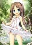  1girl :d absurdres blue_eyes blush bracelet brown_hair collarbone cura dress dress_lift heart heart_necklace highres jewelry leaf long_hair monobeno nature open_mouth outdoors plaid rock sawai_natsuha scan see-through smile solo tree wading watch watch water 
