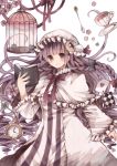  1girl birdcage book bow braid cage card clock crescent_moon cup hair_bow hat highres moon patchouli_knowledge purple_hair solo teacup touhou violet_eyes wiriam07 