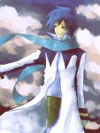  1boy ataru_(7noise) blue_hair clouds kaito looking_away male scarf sky smile solo vocaloid 