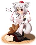  1girl animal_ears bare_shoulders blush breasts detached_sleeves hat highres inubashiri_momiji large_breasts looking_at_viewer open_mouth pom_pom_(clothes) red_eyes shirt short_hair silver_hair sitting skirt solo tail tokin_hat touhou white_shirt wolf_ears wolf_tail 