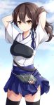  1girl adjusting_hair brown_eyes brown_hair flight_deck japanese_clothes kaga_(kantai_collection) kantai_collection muneate nikkunemu parted_lips short_hair side_ponytail tasuki thighhighs 