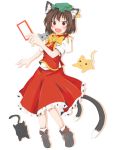 1girl :d animal_ears brown_hair cat cat_ears cat_tail chen earrings fang frilled_skirt frills jewelry kuroi-neko multiple_tails open_mouth red_eyes short_hair skirt smile tail touhou two_tails 