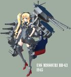  1girl america atukino1129 battleship blonde_hair blue_eyes breasts cannon character_name full_body gloves gun half_gloves high_heels highres kantai_collection mecha_musume original personification side_ponytail side_slit skirt solo thighhighs us_navy uss_missouri_(bb-63) weapon 