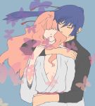  1boy 1girl blue_hair breasts cleavage closed_eyes couple hair_over_eyes hug hug_from_behind japanese_clothes kimono koz long_hair macross macross_frontier no_bra pink_hair ponytail saotome_alto sheryl_nome tears very_long_hair wrist_grab 