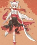  animal_ears bare_shoulders breasts detached_sleeves hat highres inubashiri_momiji k-sk_style katana looking_at_viewer pom_pom_(clothes) red_eyes sarashi scarf shirt short_hair silver_hair skirt sword tail tokin_hat touhou weapon white_shirt wolf_ears wolf_tail 