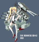  1girl america atukino1129 battleship blonde_hair blue_eyes breasts cannon character_name full_body gloves gun half_gloves high_heels highres kantai_collection mecha_musume missile original personification phalanx_ciws side_ponytail side_slit skirt solo thighhighs us_navy uss_missouri_(bb-63) weapon 