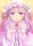  1girl blush bow crescent hat heart heart_hands long_hair looking_at_viewer mikage_sekizai patchouli_knowledge purple_hair solo touhou violet_eyes 