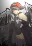  1girl absurdres akemi_homura akuma_homura argyle argyle_legwear black_hair choker closed_eyes closed_mouth dark_orb_(madoka_magica) dress elbow_gloves feathered_wings gloves hair_ribbon high_heels highres long_hair mahou_shoujo_madoka_magica mahou_shoujo_madoka_magica_movie nanabanme_no_setsuna ribbon simple_background smile solo spoilers thighhighs wings 