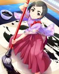  1girl artist_request barefoot black_hair brush calligraphy calligraphy_brush from_above hair_ornament hairpin hakama idolmaster idolmaster_cinderella_girls ink japanese_clothes looking_up matsuo_chizuru official_art oversized_object paintbrush short_hair smile solo tasuki violet_eyes 