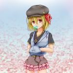  1girl alternate_costume belt blonde_hair bubblegum cherry_blossoms collarbone contemporary cross flat_cap gradient gradient_background hair_ribbon hands_in_pockets hat hood_down hoodie inverted_cross jewelry layered_skirt looking_at_viewer necklace petals red_eyes ribbon rumia short_hair short_sleeves solo tennenmoe touhou 