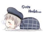  1girl blanket blush_stickers chibi closed_eyes futon german kantai_collection kuronekosan lying open_mouth short_hair silver_hair sleeping solo translated z1_leberecht_maass_(kantai_collection) 