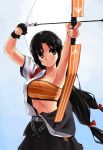  1girl airplane black_hair bow bow_(weapon) drawing_bow hair_bow highres japanese_clothes kantai_collection long_hair mizuki_ame personification shouhou_(kantai_collection) solo very_long_hair weapon yellow_eyes 