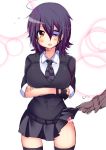  1girl blush breasts checkered_necktie crossed_arms fingerless_gloves gloves haruta_(806060) kantai_collection large_breasts no_headwear open_mouth panties purple_hair ribbon short_hair skirt skirt_lift solo_focus sweatdrop tenryuu_(kantai_collection) thighhighs underwear yellow_eyes 
