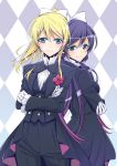  2girls ayase_eli blonde_hair blue_eyes bow bowtie breasts dress formal gloves green_eyes hair_bow long_hair looking_at_viewer love_live!_school_idol_project multiple_girls ponytail purple_hair smile takano_saku toujou_nozomi tuxedo twintails 