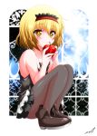  1girl alice_margatroid alternate_costume apple bare_shoulders blonde_hair brown_eyes fetal_position food fruit hairband looking_at_viewer pantyhose short_hair smile solo touhou yua_(checkmate) 