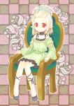  1girl bare_shoulders blonde_hair chair earrings expressionless full_body jewelry kazaki_(akllab) looking_at_viewer original pointy_ears red_eyes sitting solo 