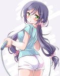  1girl ass blush breasts casual from_behind green_eyes jump_rope long_hair looking_at_viewer love_live!_school_idol_project purple_hair rough seidou_(tukinomiyako) shorts solo sweat toujou_nozomi twintails 
