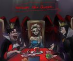  3girls alice_in_wonderland black_hair blonde_hair crown disney dress eating elsa_(frozen) engrish frozen_(disney) long_hair multiple_girls murai_shinobu poison queen_(snow_white) queen_of_hearts ranguage snow_white_and_the_seven_dwarfs sweat 