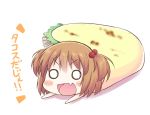  1girl brown_hair chibi fang food hair_bobbles hair_ornament in_food kataoka_yuuki kuronekosan lying o_o open_mouth saki short_hair solo taco translated twintails 