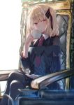  1girl bangs black_legwear blonde_hair blurry chair commentary cup depth_of_field drinking english_commentary eyebrows_visible_through_hair feet_out_of_frame hair_ribbon hakuishi_aoi holding holding_cup legs_crossed looking_at_viewer medium_hair multicolored_hair necktie original pantyhose pink_eyes plate red_neckwear ribbon shirt simple_background sitting skirt solo streaked_hair teacup teapot two_side_up white_background white_hair wing_collar 