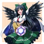  1girl arm_cannon bird_wings black_hair black_wings breasts cape glowing glowing_weapon hair_bun highres large_breasts long_hair nori_tamago open_mouth puffy_sleeves red_eyes reiuji_utsuho shirt short_sleeves skirt smile solo space third_eye touhou very_long_hair weapon wings 