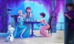  1boy 3girls anna_(frozen) bare_shoulders blonde_hair blue_dress blue_eyes board_game braid brown_hair chess cup ddf disney dress drinking elsa_(frozen) eyeshadow flower flynn_rider freckles frozen_(disney) highres long_hair makeup multiple_girls olaf_(frozen) pink_dress rapunzel_(disney) short_hair siblings signature single_braid sisters spoilers tangled teacup teapot twin_braids wisteria 