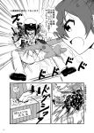  2girls airplane anger_vein blood blood_from_mouth blood_splatter comic explosion failure_penguin female_admiral_(kantai_collection) fujimiya_yuu garbage_container hair_over_eyes highres japanese_clothes kantai_collection long_hair monochrome multiple_girls translated twintails zuikaku_(kantai_collection) 