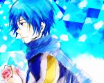  1boy ataru_(7noise) blue_eyes blue_hair expressionless flower holding kaito male profile rose sketch solo vocaloid 