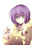  1girl facial_mark green_eyes highres hoodie jijii48 looking_at_viewer merry_nightmare no_hat pajamas pom_pom_(clothes) purple_hair short_hair solo trembling white_background yumekui_merry 