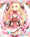  1girl blonde_hair blush breasts cleavage feathers gift heart long_hair looking_at_viewer navel original smile solo takanashie violet_eyes wings 