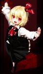  1girl :d ascot blonde_hair fang frilled_skirt frills hair_ribbon open_mouth outstretched_arms red_eyes ribbon rumia shiron_(e1na1e2lu2ne3ru3) short_hair skirt smile spread_arms touhou vest 