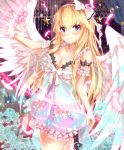  1girl blonde_hair blush breasts cleavage feathers frills long_hair looking_at_viewer original smile solo takanashie wings 
