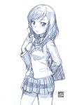  1girl blush highres looking_at_viewer love_live!_school_idol_project monochrome nishikino_maki school_uniform short_hair sketch skirt solo yoshikawa_kazunori 