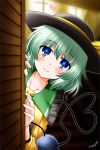  1girl blue_eyes eyeball green_hair hat heart heart_of_string komeiji_koishi short_hair smile solo third_eye touhou yua_(checkmate) 