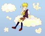  1boy ^_^ ataru_(7noise) closed_eyes clouds eating kagamine_len kneehighs loafers male musical_note necktie shirt shoes short_sleeves shorts sitting sky solo vocaloid 