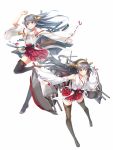  1girl arm_up bare_shoulders black_hair blush brown_eyes detached_sleeves dual_persona frilled_skirt frills hairband haruna_(kantai_collection) japanese_clothes kantai_collection long_hair looking_at_viewer personification ribbon-trimmed_sleeves ribbon_trim skirt smile solo thighhighs zi_se 