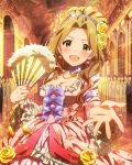  :d alternate_costume artist_request brown_hair earrings fan flower green_eyes hair_flower hair_ornament idolmaster idolmaster_million_live! jewelry necklace nikaidou_chizuru official_art open_mouth outstretched_hand smile 