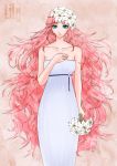  1girl aqua_eyes dress flower hand_on_own_chest highres holding koz lily_(flower) long_hair looking_at_viewer megurine_luka pink_hair solo strapless_dress very_long_hair vocaloid white_dress 