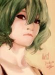  bra_strap character_name collarbone dated eyebrows face green_hair kazami_yuuka lips looking_at_viewer medium_request neck nose portrait red_eyes short_hair simple_background slvtr touhou wavy_hair 