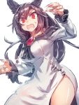  1girl animal_ears breasts brooch brown_hair fingernails highres imaizumi_kagerou jewelry large_breasts long_fingernails long_hair long_sleeves red_eyes sharp_fingernails simple_background solo sweatdrop temmasa22 touhou undersized_clothes white_background wolf_ears 