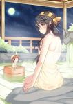  1girl black_hair blush breasts fairy_(kantai_collection) feet_in_water from_behind hairband haruna_(kantai_collection) kantai_collection kuro_emon long_hair looking_back minigirl moon night onsen personification sky smile soaking_feet star_(sky) starry_sky steam towel water 