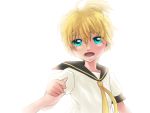  1boy blonde_hair crying kagamine_len koz looking_at_viewer male ponytail sailor_collar short_sleeves solo_focus tears vocaloid wrist_grab 